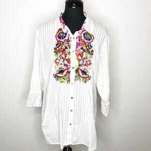 Antica Sartoria white striped floral embroidered button down tunic top size XL